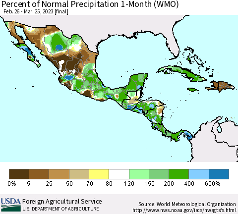 Mexico Central America and the Caribbean Percent of Normal Precipitation 1-Month (WMO) Thematic Map For 2/26/2023 - 3/25/2023