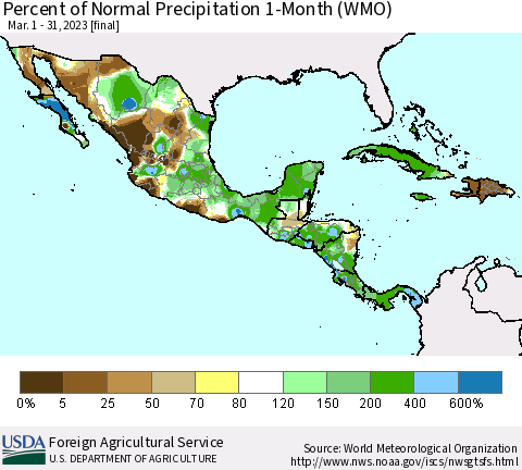 Mexico Central America and the Caribbean Percent of Normal Precipitation 1-Month (WMO) Thematic Map For 3/1/2023 - 3/31/2023