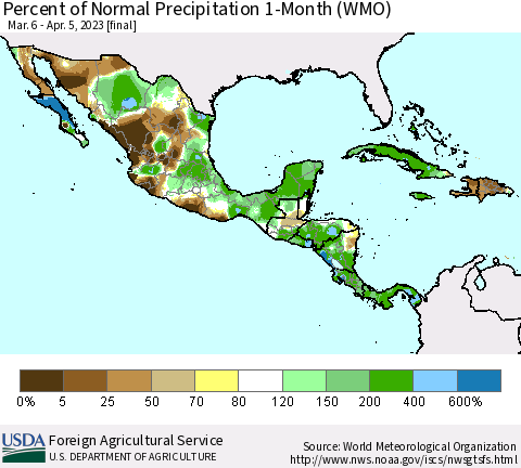 Mexico Central America and the Caribbean Percent of Normal Precipitation 1-Month (WMO) Thematic Map For 3/6/2023 - 4/5/2023