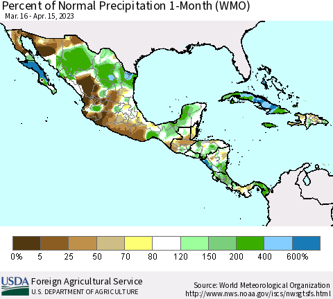 Mexico Central America and the Caribbean Percent of Normal Precipitation 1-Month (WMO) Thematic Map For 3/16/2023 - 4/15/2023