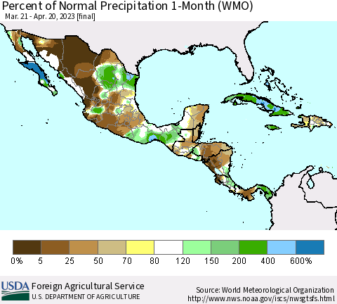 Mexico Central America and the Caribbean Percent of Normal Precipitation 1-Month (WMO) Thematic Map For 3/21/2023 - 4/20/2023