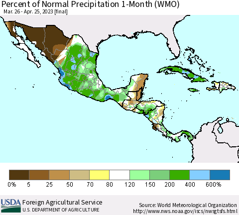 Mexico Central America and the Caribbean Percent of Normal Precipitation 1-Month (WMO) Thematic Map For 3/26/2023 - 4/25/2023