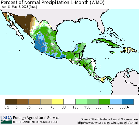 Mexico Central America and the Caribbean Percent of Normal Precipitation 1-Month (WMO) Thematic Map For 4/6/2023 - 5/5/2023