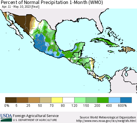 Mexico Central America and the Caribbean Percent of Normal Precipitation 1-Month (WMO) Thematic Map For 4/11/2023 - 5/10/2023