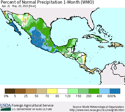 Mexico Central America and the Caribbean Percent of Normal Precipitation 1-Month (WMO) Thematic Map For 4/21/2023 - 5/20/2023