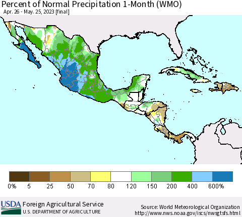 Mexico Central America and the Caribbean Percent of Normal Precipitation 1-Month (WMO) Thematic Map For 4/26/2023 - 5/25/2023