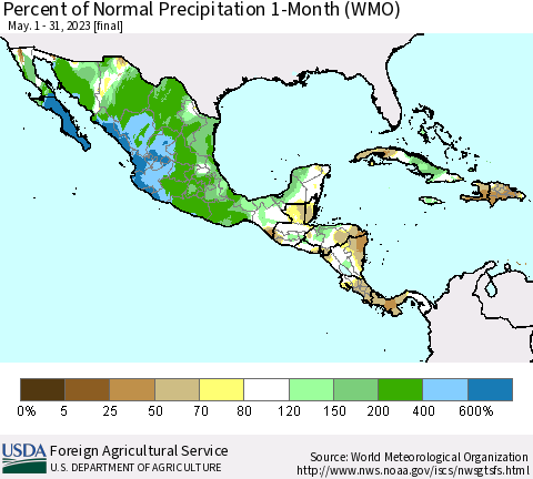 Mexico Central America and the Caribbean Percent of Normal Precipitation 1-Month (WMO) Thematic Map For 5/1/2023 - 5/31/2023