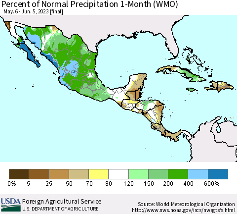 Mexico Central America and the Caribbean Percent of Normal Precipitation 1-Month (WMO) Thematic Map For 5/6/2023 - 6/5/2023
