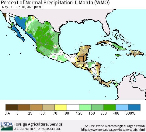 Mexico Central America and the Caribbean Percent of Normal Precipitation 1-Month (WMO) Thematic Map For 5/11/2023 - 6/10/2023
