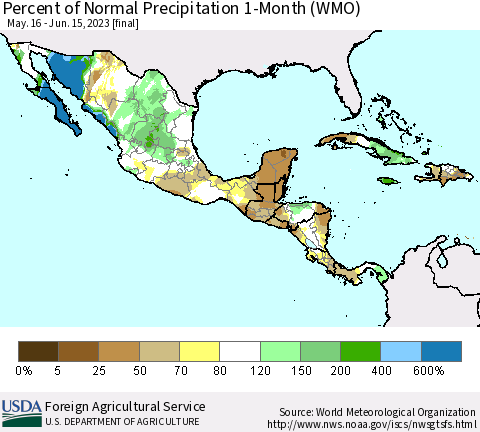 Mexico Central America and the Caribbean Percent of Normal Precipitation 1-Month (WMO) Thematic Map For 5/16/2023 - 6/15/2023