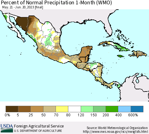 Mexico Central America and the Caribbean Percent of Normal Precipitation 1-Month (WMO) Thematic Map For 5/21/2023 - 6/20/2023
