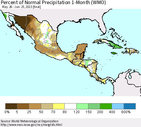 Mexico Central America and the Caribbean Percent of Normal Precipitation 1-Month (WMO) Thematic Map For 5/26/2023 - 6/25/2023