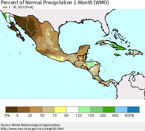 Mexico Central America and the Caribbean Percent of Normal Precipitation 1-Month (WMO) Thematic Map For 6/1/2023 - 6/30/2023