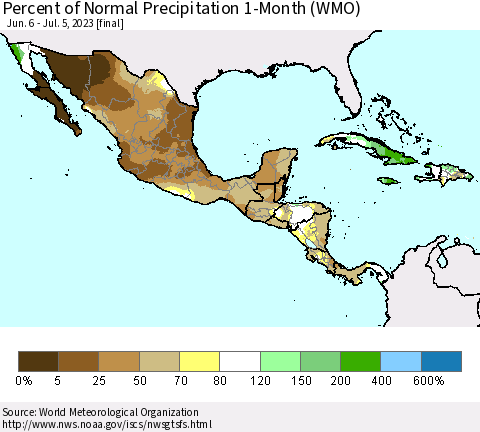 Mexico Central America and the Caribbean Percent of Normal Precipitation 1-Month (WMO) Thematic Map For 6/6/2023 - 7/5/2023