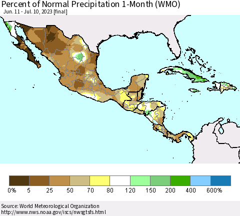 Mexico Central America and the Caribbean Percent of Normal Precipitation 1-Month (WMO) Thematic Map For 6/11/2023 - 7/10/2023