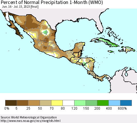 Mexico Central America and the Caribbean Percent of Normal Precipitation 1-Month (WMO) Thematic Map For 6/16/2023 - 7/15/2023