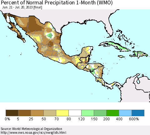 Mexico Central America and the Caribbean Percent of Normal Precipitation 1-Month (WMO) Thematic Map For 6/21/2023 - 7/20/2023