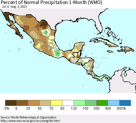 Mexico Central America and the Caribbean Percent of Normal Precipitation 1-Month (WMO) Thematic Map For 7/6/2023 - 8/5/2023