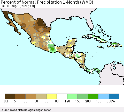 Mexico Central America and the Caribbean Percent of Normal Precipitation 1-Month (WMO) Thematic Map For 7/16/2023 - 8/15/2023