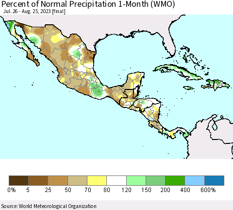 Mexico Central America and the Caribbean Percent of Normal Precipitation 1-Month (WMO) Thematic Map For 7/26/2023 - 8/25/2023