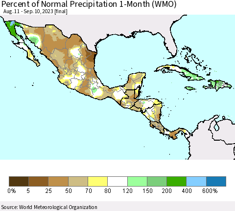 Mexico Central America and the Caribbean Percent of Normal Precipitation 1-Month (WMO) Thematic Map For 8/11/2023 - 9/10/2023