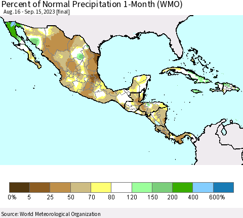 Mexico Central America and the Caribbean Percent of Normal Precipitation 1-Month (WMO) Thematic Map For 8/16/2023 - 9/15/2023