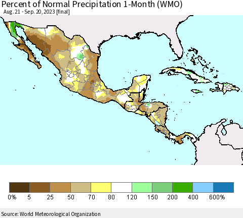 Mexico Central America and the Caribbean Percent of Normal Precipitation 1-Month (WMO) Thematic Map For 8/21/2023 - 9/20/2023