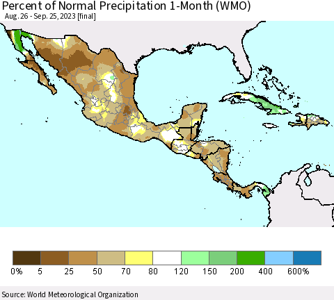 Mexico Central America and the Caribbean Percent of Normal Precipitation 1-Month (WMO) Thematic Map For 8/26/2023 - 9/25/2023