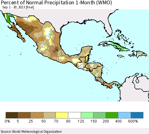 Mexico Central America and the Caribbean Percent of Normal Precipitation 1-Month (WMO) Thematic Map For 9/1/2023 - 9/30/2023