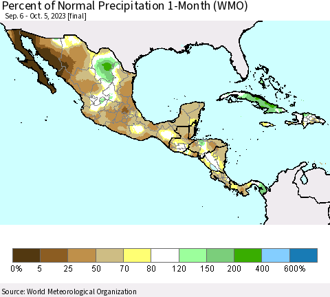Mexico Central America and the Caribbean Percent of Normal Precipitation 1-Month (WMO) Thematic Map For 9/6/2023 - 10/5/2023