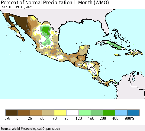 Mexico Central America and the Caribbean Percent of Normal Precipitation 1-Month (WMO) Thematic Map For 9/16/2023 - 10/15/2023