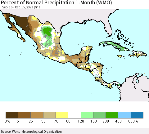 Mexico Central America and the Caribbean Percent of Normal Precipitation 1-Month (WMO) Thematic Map For 9/16/2023 - 10/15/2023
