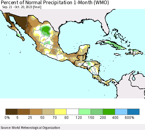 Mexico Central America and the Caribbean Percent of Normal Precipitation 1-Month (WMO) Thematic Map For 9/21/2023 - 10/20/2023