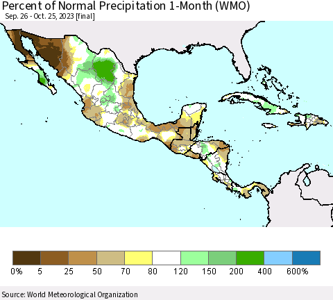 Mexico Central America and the Caribbean Percent of Normal Precipitation 1-Month (WMO) Thematic Map For 9/26/2023 - 10/25/2023