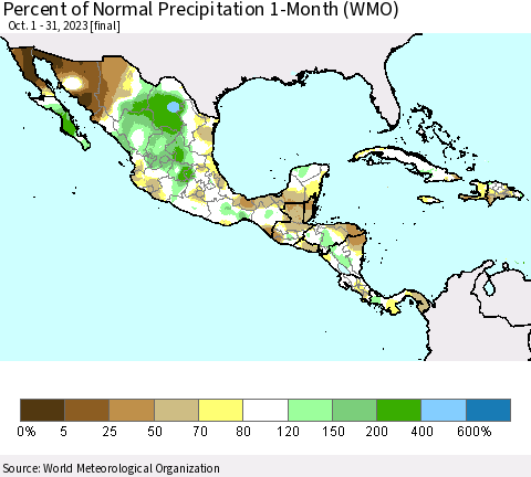 Mexico Central America and the Caribbean Percent of Normal Precipitation 1-Month (WMO) Thematic Map For 10/1/2023 - 10/31/2023