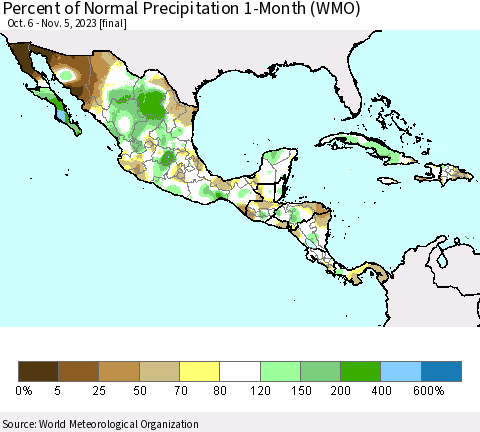 Mexico Central America and the Caribbean Percent of Normal Precipitation 1-Month (WMO) Thematic Map For 10/6/2023 - 11/5/2023