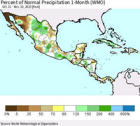 Mexico Central America and the Caribbean Percent of Normal Precipitation 1-Month (WMO) Thematic Map For 10/11/2023 - 11/10/2023