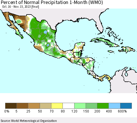Mexico Central America and the Caribbean Percent of Normal Precipitation 1-Month (WMO) Thematic Map For 10/16/2023 - 11/15/2023