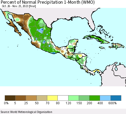 Mexico Central America and the Caribbean Percent of Normal Precipitation 1-Month (WMO) Thematic Map For 10/26/2023 - 11/25/2023