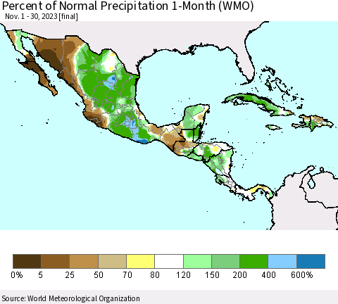 Mexico Central America and the Caribbean Percent of Normal Precipitation 1-Month (WMO) Thematic Map For 11/1/2023 - 11/30/2023