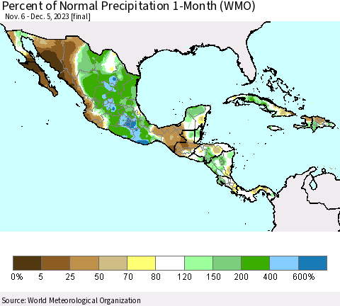 Mexico Central America and the Caribbean Percent of Normal Precipitation 1-Month (WMO) Thematic Map For 11/6/2023 - 12/5/2023