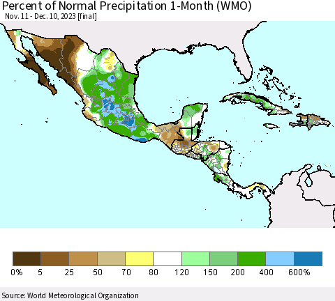 Mexico Central America and the Caribbean Percent of Normal Precipitation 1-Month (WMO) Thematic Map For 11/11/2023 - 12/10/2023