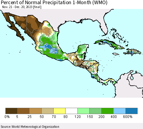 Mexico Central America and the Caribbean Percent of Normal Precipitation 1-Month (WMO) Thematic Map For 11/21/2023 - 12/20/2023