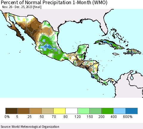 Mexico Central America and the Caribbean Percent of Normal Precipitation 1-Month (WMO) Thematic Map For 11/26/2023 - 12/25/2023