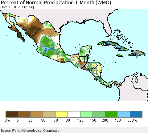 Mexico Central America and the Caribbean Percent of Normal Precipitation 1-Month (WMO) Thematic Map For 12/1/2023 - 12/31/2023