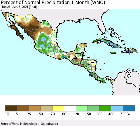 Mexico Central America and the Caribbean Percent of Normal Precipitation 1-Month (WMO) Thematic Map For 12/6/2023 - 1/5/2024