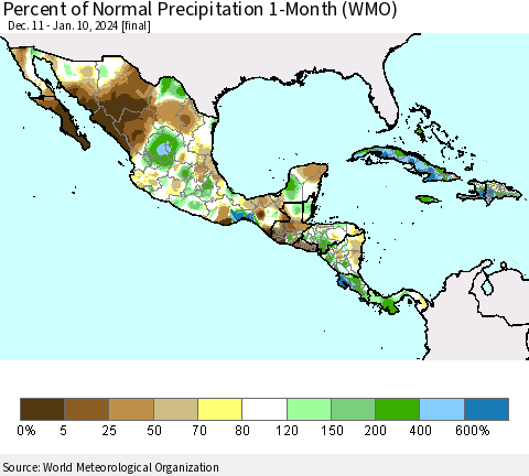 Mexico Central America and the Caribbean Percent of Normal Precipitation 1-Month (WMO) Thematic Map For 12/11/2023 - 1/10/2024