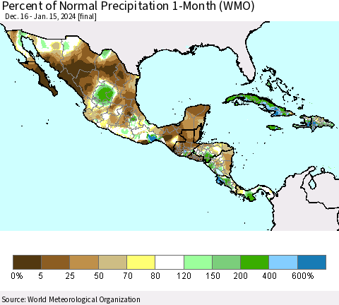 Mexico Central America and the Caribbean Percent of Normal Precipitation 1-Month (WMO) Thematic Map For 12/16/2023 - 1/15/2024