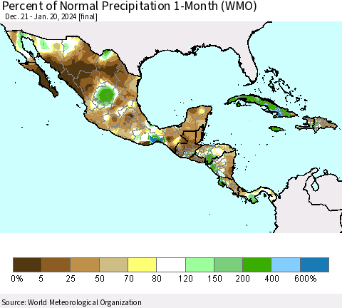 Mexico Central America and the Caribbean Percent of Normal Precipitation 1-Month (WMO) Thematic Map For 12/21/2023 - 1/20/2024