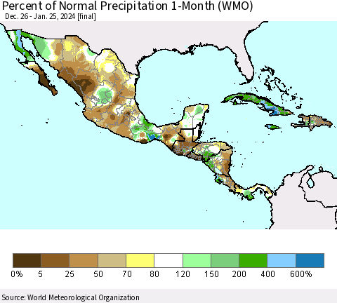 Mexico Central America and the Caribbean Percent of Normal Precipitation 1-Month (WMO) Thematic Map For 12/26/2023 - 1/25/2024